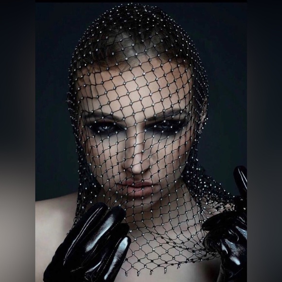 New Unique Black Mesh Face Mask / Headpiece Crystal Body Jewelry - Picture 12 of 16